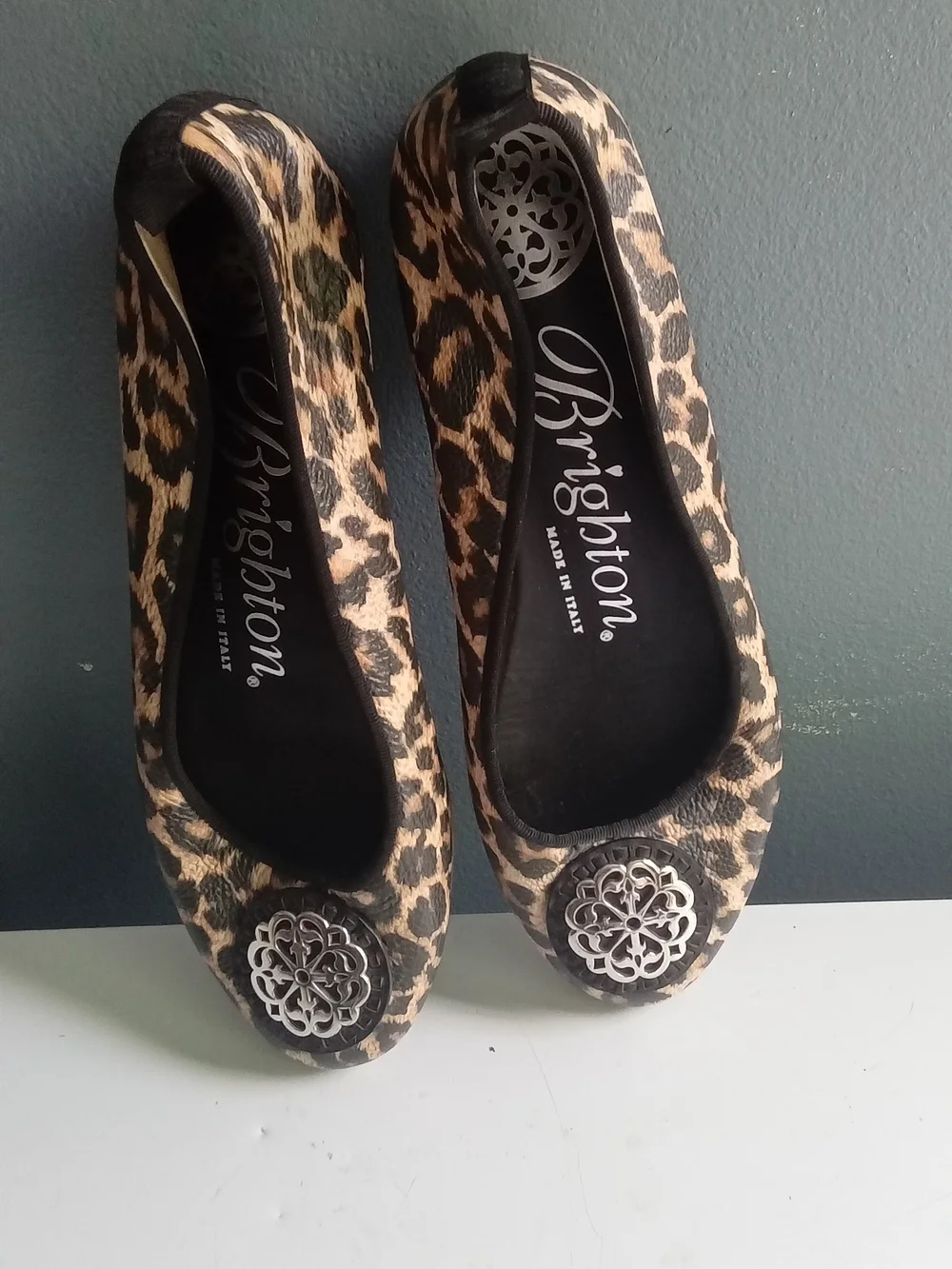 Brighton Aleta Leopard Print Leather Ballet Flats Silver Filigree Medallion 7.5M